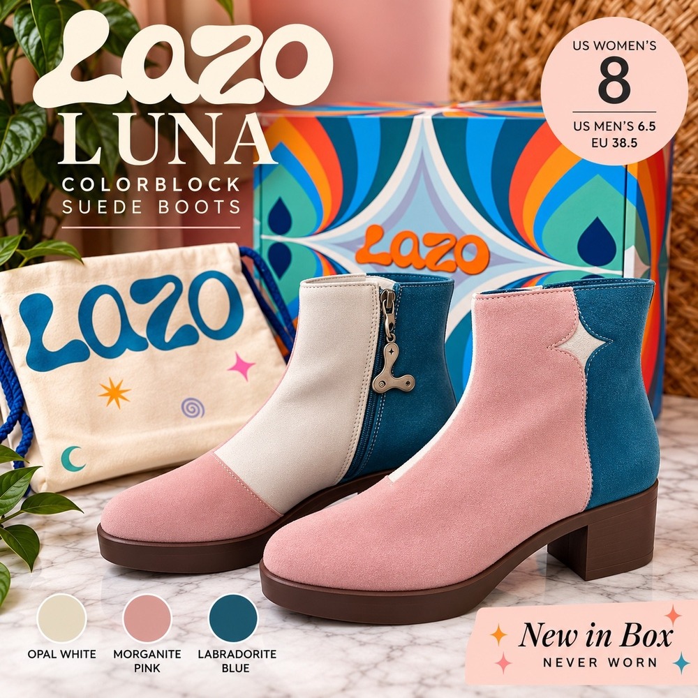 Lazo Luna Colorblock Suede Ankle Boots Pink Blue White Womens 8 Made in Portugal